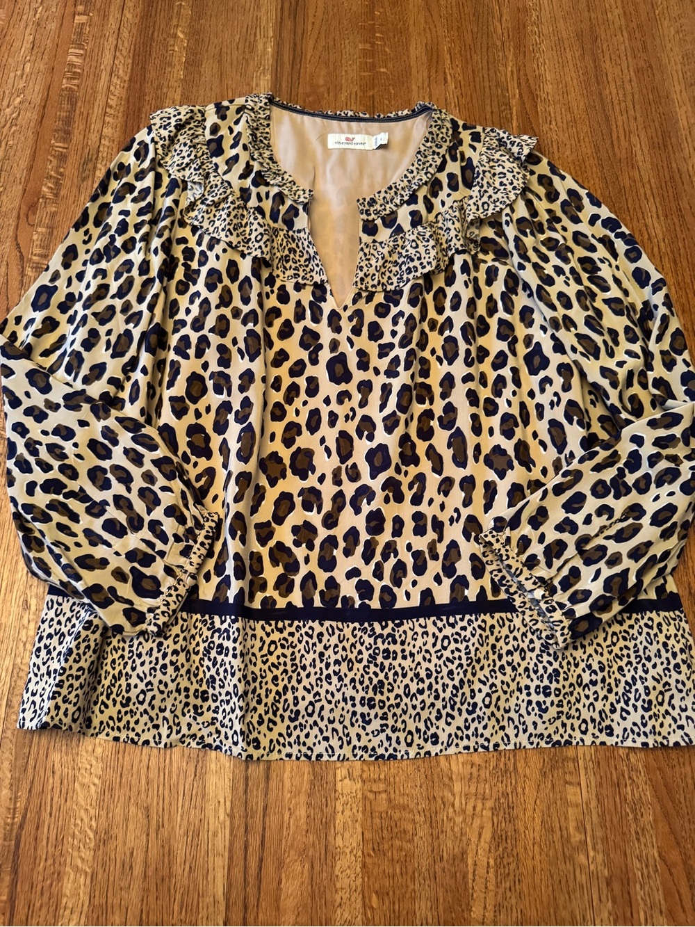 Vineyard Vines Leopard Print Ruffle Neck Lined Blouse Top - Small